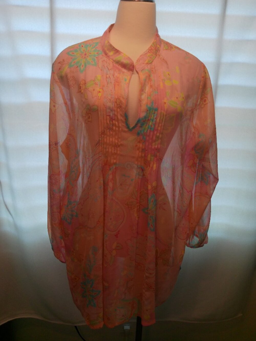 Blouse Susan Graver Semi Sheer Pleated Orange Pink Yellow Paisley Size 1X
